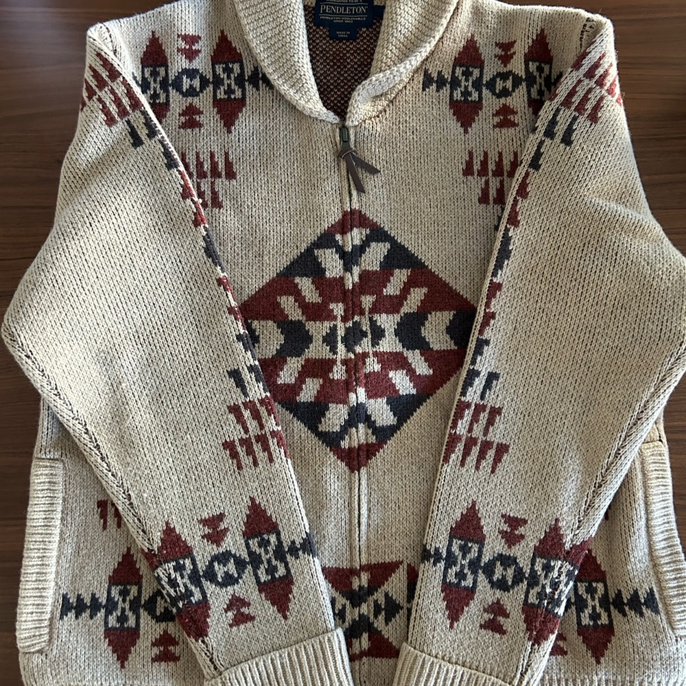 Pendleton Men's Cream and Red Geometric Zip-Up Sweater - 100% wool